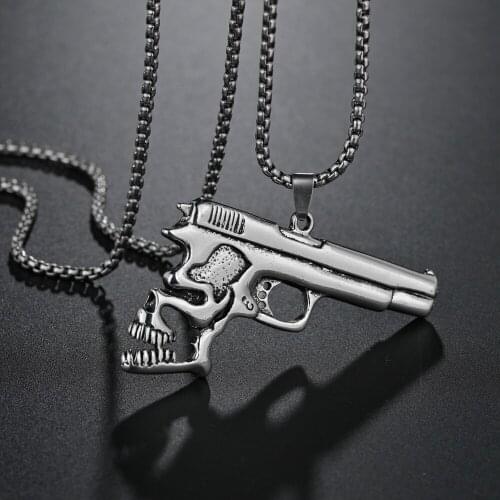 Big Skull Gun Necklace Long Handmade Pendant Necklace Women Men Fashion Jewelry Gift