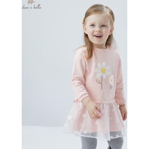 DBZ17126 dave bella spring baby girls cute bow floral embroidery dress children fashion party dress kids infant lolita clothes