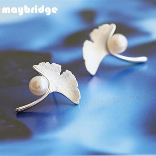 EM088 Small Fresh Artificial Pearl Ginkgo Art Fashion Leave Stud Earring Women Girl Silver Plated Jewelry Wholesale