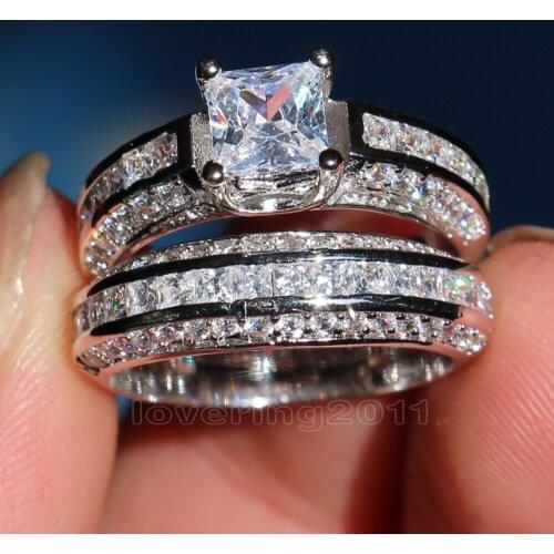 Size5-11 Fashion Jewelry Princess Cut 10kt white gold filled GF AAA CZ Simulated stones Wedding Engagement Bridal Ring set gift