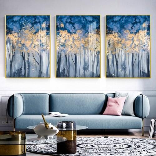 Modern Abstract Forest Mist Blue Gold Posters Canvas Painting Wall Art Print Picture for Living Room Interior Home Decoration