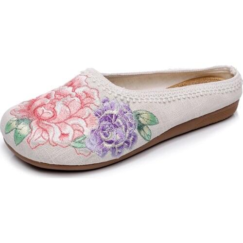 2021 New Women Slippers Flower Embroidered Linen Cotton Round Toe Soft Women Slippers Shoes
