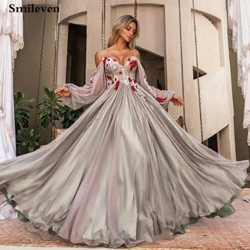 Smileven Glittle Tulle Formal Evening Dresses Off Shoulder Long Puffy Sleeve Party Gowns With 3D Flowers Beauty Pageant Dresses