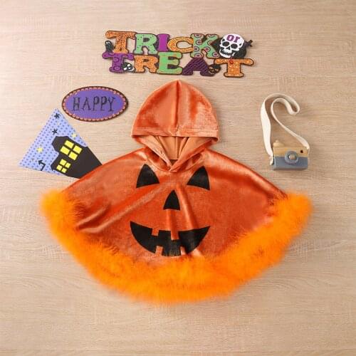 0-3T Children Halloween Velvet Cloak Cloak Hooded Shawl Cartoon Ghost Print Feather Side Cloak Demon Cosplay Party Costume
