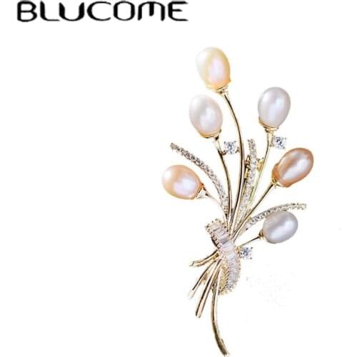 Blucome Natural Pearl Bouquet Flower Brooches For Women Unisex Beauty Cubic Zirconia Flower Weddings Party Brooch Pins Gifts