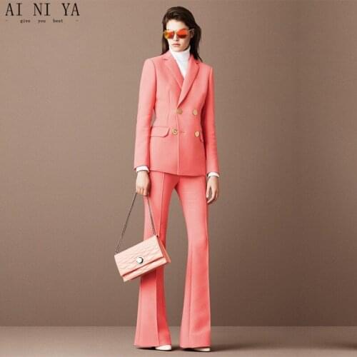 Jacket+Pants Deep Pink Womens Business Suits Female Office Uniform Blazer Ladies Winter Formal Trouser Suits Double Breasted