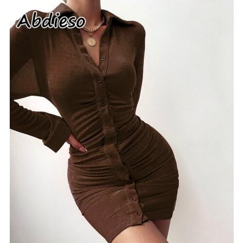 Abdieso 2021 Long Sleeve Shirt Dress Women Ruched Button Green Mini Bodycon Dress Casual Long Sleeve Autumn Winter Vestidos Sexy