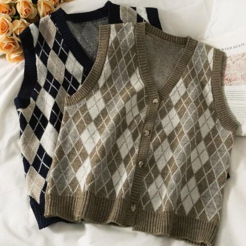 England Style Argyle Plaid Sweater Vest Women V-neck Single Breasted Casual Vest Female Preppy Style Vintage Outwear
