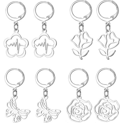 1Pair Cute Hollow Butterfly Stainless Steel Small Hoop Earring European Women Brightly Silver Color Plant Animal Earrings E132