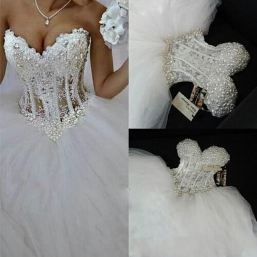2020 Luxurious Sweetheart Wedding Dresses Corset Bodice Sheer Bridal Beads Pearls Tulle Wedding Bridal Gowns Custom Made