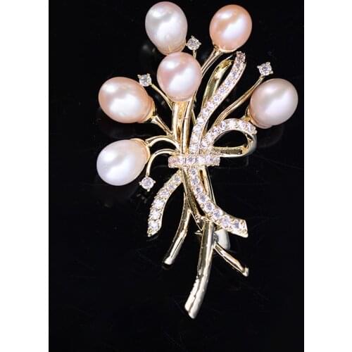 High Quality Freshwater Pearl Bouquet Brooches for Women Wedding Jewelry Crystal Broach Flower Pin Engagement Accessory Gift