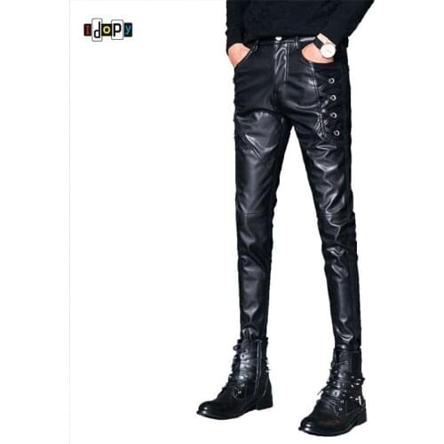 Idopy New Mens Skinny Faux Leather Pencil Pants Punk Motorcycle Black Slim Fit Biker Leather Pants Gothic Trousers For Men