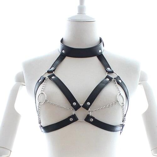 Exotic Accessorices Link Chains Bondage Belt Synthetic Leather Hollow Out Metal O-ring Silver Festival Rave Sexy Crop Party Club