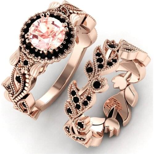 FDLK 2020 New Design Women Rose Gold Flower Leaves Inlaid Powder Zircon Ring Bride Engagement Wedding Jewelry Ring Set