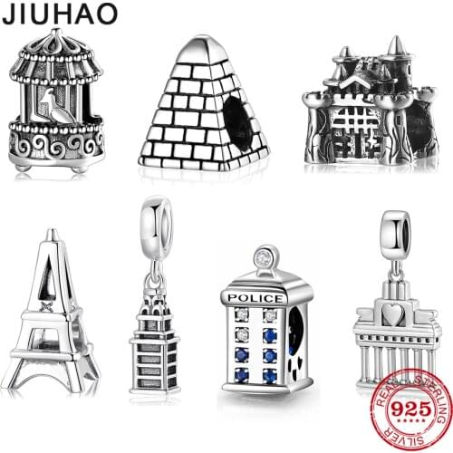 JIUHAO 100% 925 Sterling Silver Building Series Castle Tower Police Station Charms for Original Bracelet Making Fine Jewerly