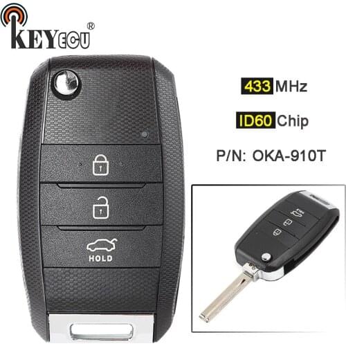 KEYECU FSK 433MHz ID60 Chip P/N: OKA-910T Upgraded Flip Folding 3 Button Remote Car Key Fob for Kia