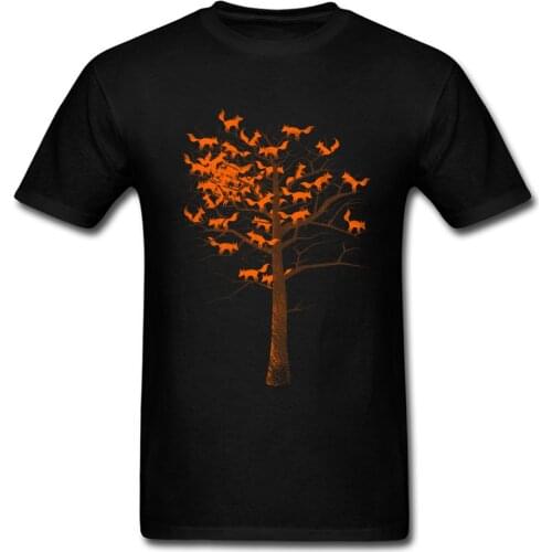 Men Tshirts Blazing Fox Tree T-shirt Fox Color Autumn T Shirt Creative Design Black Tops Tees Cartoon Clothes No Fade Printed