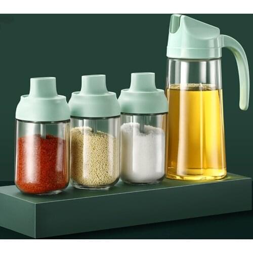 Set of 4 Glass and Plastic Seasoning Boxes and Oil Can Visible Spice Can Salt Pepper Shaker Pot Outdoor Barbecue Cruet