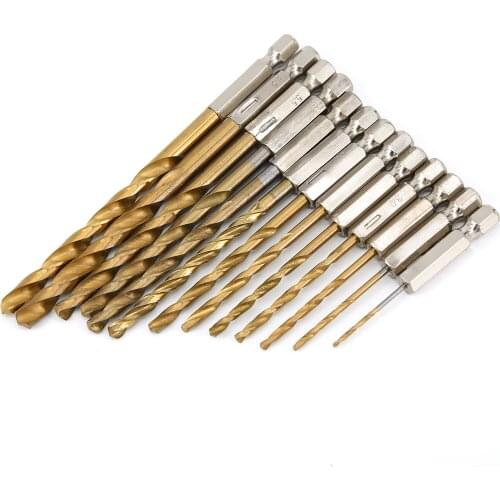 13PCS High Speed Steel Titanium Coated 1/4‘’ Hex Shank Screwdriver Twist Drill Bit Set Power Drilling Tools for Wood