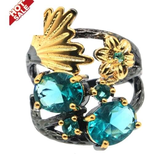 25x20mm Neo-Gothic 6.2g Created Rich Blue Aquamarine For Womans Black Gold Silver Rings Eye Catching