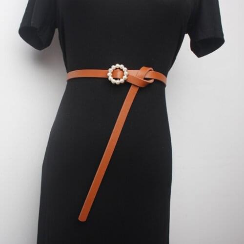 New Thin PU Leather Belt Female knot Waist Belts Women Dress Small pearl round buckle Strap Belt cinturon mujer cinto feminino