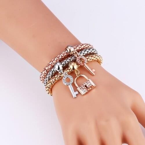L&H 3PCS/Set New Arrival Rhinestone Bracelets Set Lovely Key and Lock Bracelet For Women Bohemia Style Vintage Bracelets Bangles