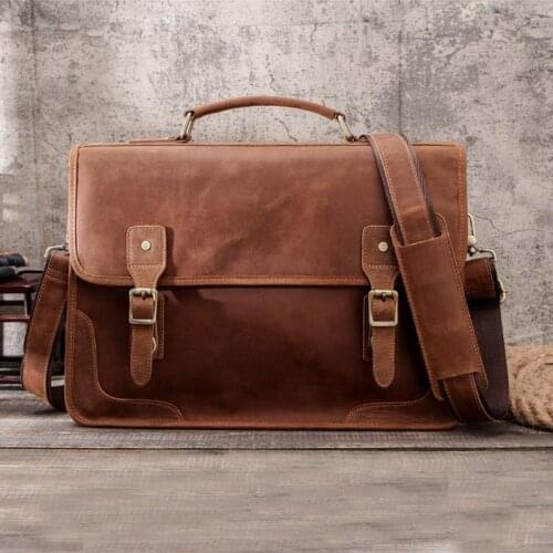 Luufan Vintage Mens Briefcase Genuine Leather 15.6" PC Laptop Bag Crazy Horse Leather Business Messenger Bag Work Tote For Man