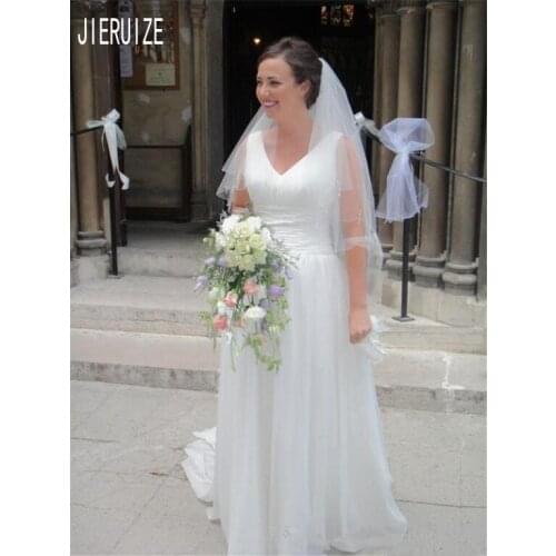 JIERUIZE Simple Chiffon White Wedding Dresses V Neck Lace Up Back Ruched Bridal Gowns A Line Wedding Gowns robe de mariee