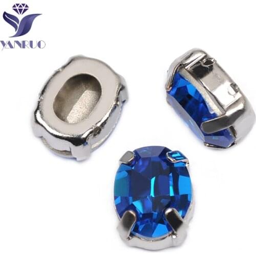 YANRUO 4128 All Sizes Capri Blue Oval Sewn Rhinestones Glass Crystal Point Back K9 Strass Fancy Stones For Clothes Decoration
