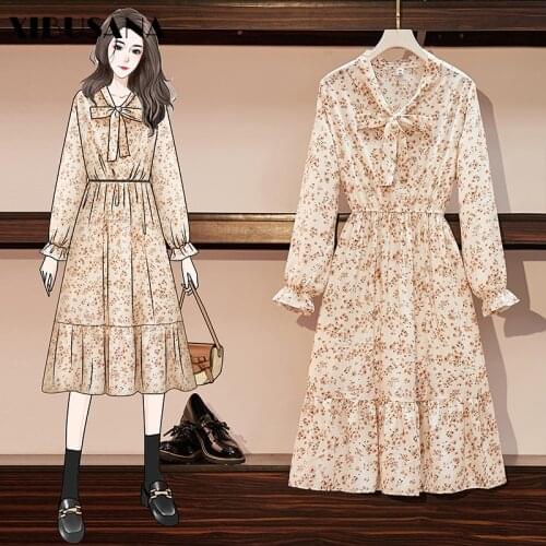 Women Printed Floral Vintage Chiffon Dress 2020 Autumn Spring Fashion Female Vestido Long Sleeved Elastic Waist Casual Dresses