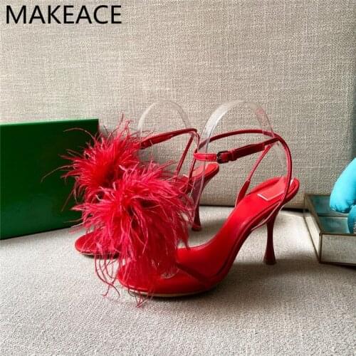 Multicolor real leather High Heel Women Sandals Strap Buckle Leather Party Wedding Shoes Fluffy Feather Summer Runway Shoes