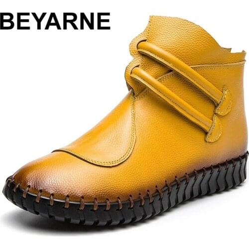 BEYARNE Handmade Winter Women Ankle Boots Genuine Leather Chelsea Boots For Woman Solid Flat With Cowhide Shoes Zapatos Mujer