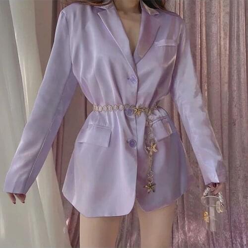 XIKOM Women Purple Satin Single Breasted V Neck Pockets Loose Blazer Female Vintage Coat Ladies Streetwear Top