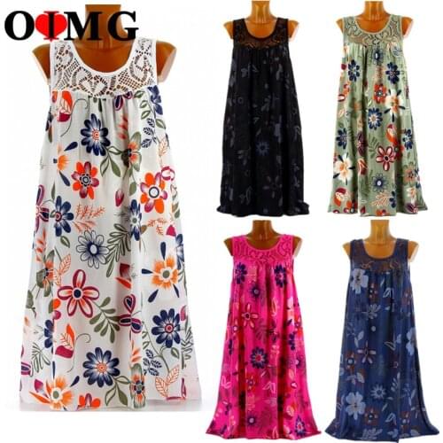 OIMG Sleeveless Pullover Lace Printed Floral Sexy Dress Women Plus Size U Neck Straps Patchwork Casual Mini Short Dresses 10393