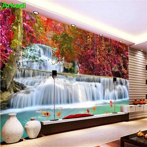 3d Photo Wallpapers Living Room Oil Painting Landscape Waterfall Red Trees Cornucopia Fish TV Back Photo Living Room Wall Decor