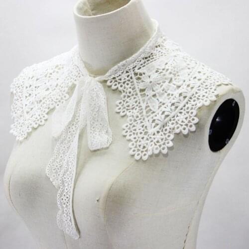 40GC European Pastoral Style Womens Doll False Fake Collar Hollow Out Embroidery Floral Lace Half Shirt Shawl with Lace Up