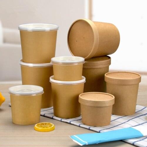 50pcs Kraft paper disposable soup barrel paper bowl white round salad fruit cups takeaway porridge food dessert cup with lid