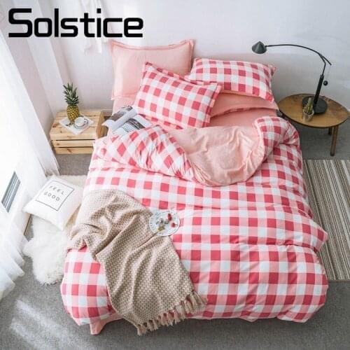 Solstice Home Textile Bedding Sets Red Plaid Simple Soft Duvet Cover Pillowcase Flat Sheet Girl Teen Adult Woman Bed Linens 4Pcs