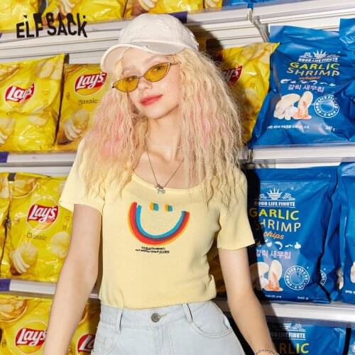 ELFSACK Rainbow Smile Jacquard Casual Striped Women Pullover Top,2021 Summer Vintage Colorblock Korean Ladies Daily Knitwear