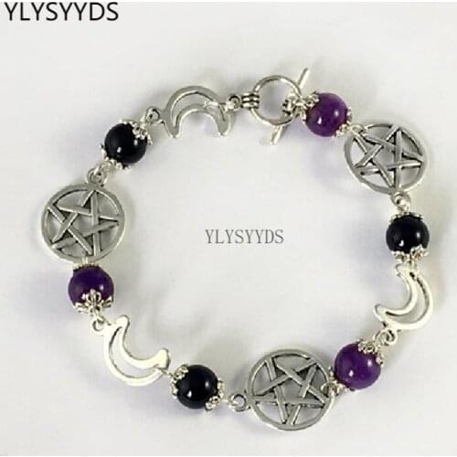 Gothic Halloween Amethyst Black Onyx Pentacle Charm Bracelet Punk Goth Pagan Wiccan Jewelry Statement Rock Women Gift Punk
