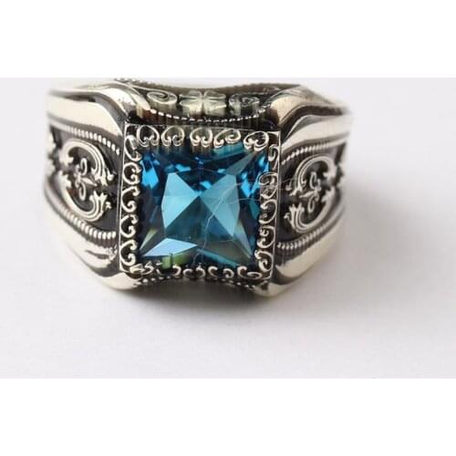 Square Paraiba Tourmaline Ring, Mens 925 Silver Handmade Ring