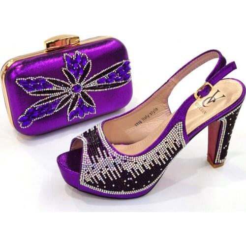 Purple Woman High Heels Shoes And Purse Bag Set Luxury Italian Summer Sandals Match With Clutch Handbag African Pumps S1719 11cm