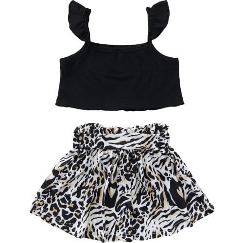 New 2Pcs Toddler Summer Outfit, Solid Color Ruffle Sleeves Crop Tops + Leopard Print Short Skirt with Belt for Girls, Black