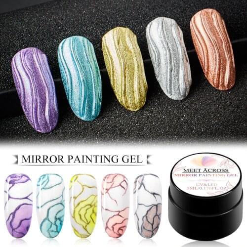 MEET ACROSS Metallic Mirror Nail Gel Polish Varnish Painting Spider Flowers Drawing Gold Silver Glitter UV Gel DIY Manicure