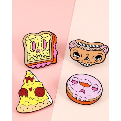 Cartoon Food Brooch Pizza Donut Sandwich Hot Dog Enamel Lapel Pin Shirt Bag Badges Brooches Cute Pink Jewelry Gift Kids Friends