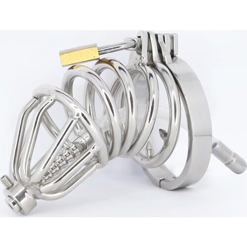 Male Chastity Device Cock Cage With Steel Catheter Stainless Steel Penis Lock Cock Ring Sex Toys For Men Chastity Belt