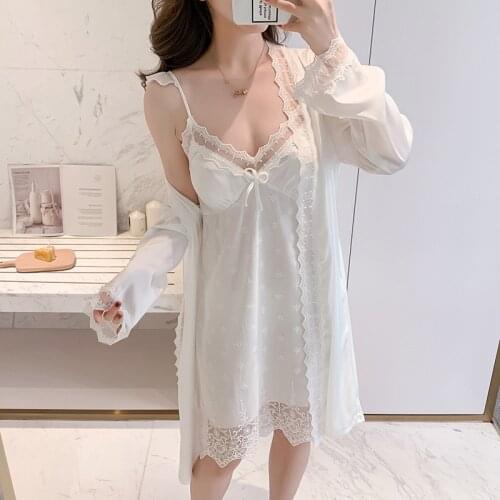Nightdress Womens Spring Autumn Thin Ice Silk 2-piece Suit Nightgown Sexy Sling Nightwear with Bra Home Wear Sleepwear