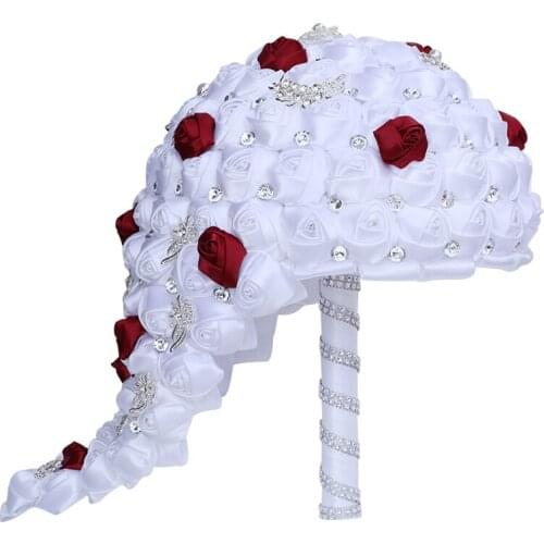 New Waterfall Wedding Bridal Bouquet Wine Red Exquisite Diamond Rose Bud DIY Bridesmaid Bouquet Church Decoration W320