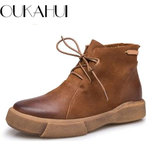 OUKAHUI 2020 Autumn Winter British Style Genuine Leather Ankle Boots For Women Lace Up Round Toe Flat Low Heel Women Warm Boots