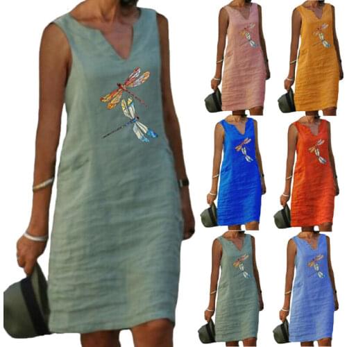 Sleeveless Tank Dress Women Clothing Dragonfly Printed Dress Kaftan Ladies Casual 2021 Summer Dress